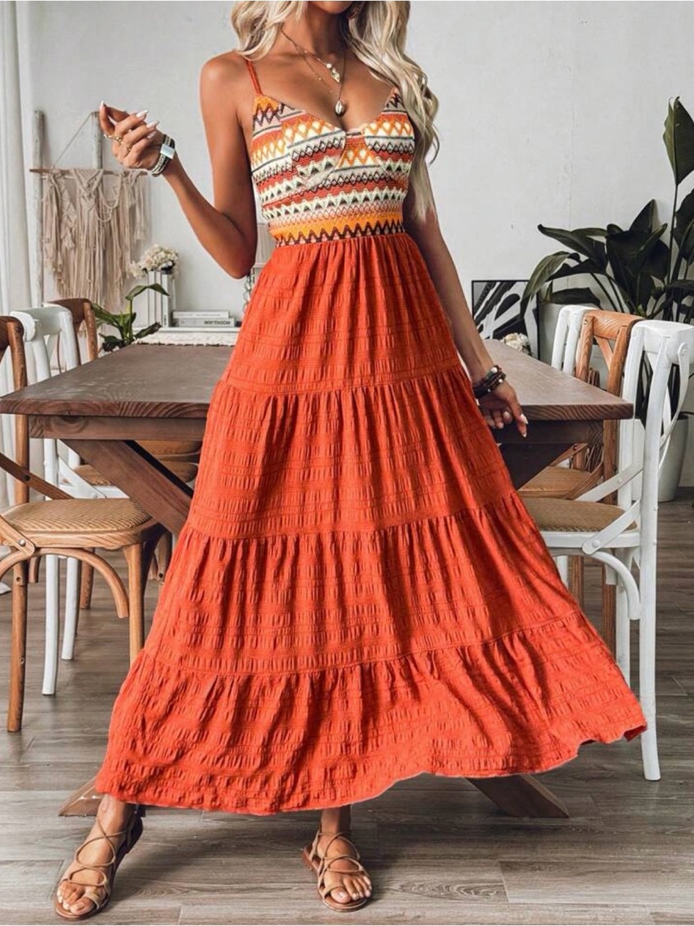 Boho Spaghetti-Strap Maxi Dress in Burnt Orange
